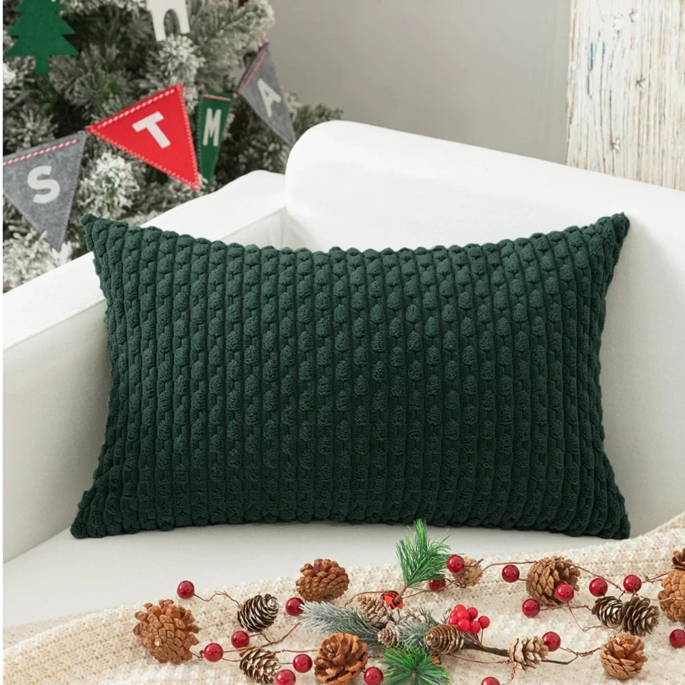 Holiday Textured Corduroy Lumbar Throw Pillow Cover 24x14” Army Green (1-count)